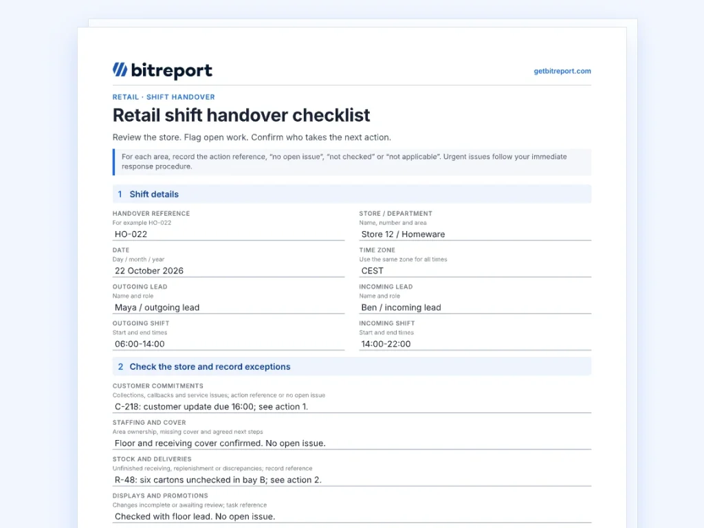 Fillable retail shift handover checklist with store, shift and open-work fields filled in with a worked example