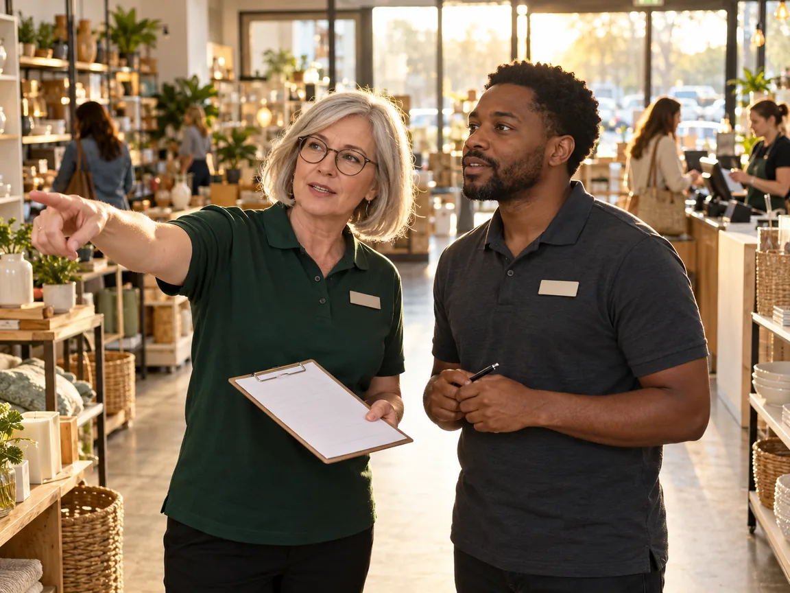 Retail shift handover checklist in use Outgoing store lead with a clipboard pointing out the shop floor to the incoming lead during a shift handover