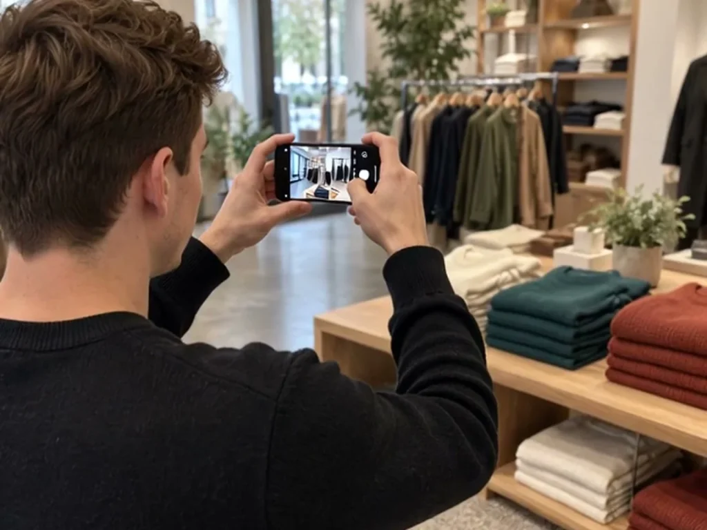 Store employee photographing a clothing display with a phone to send as photo proof for a task