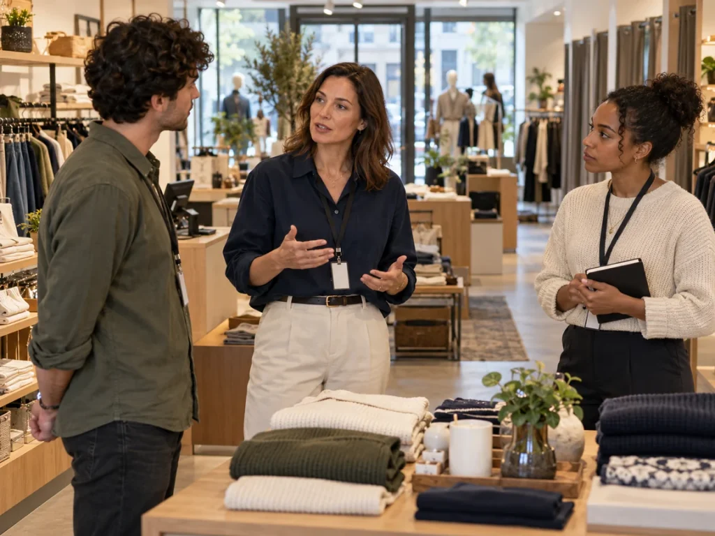Store manager briefs two retail associates beside a merchandise display before opening