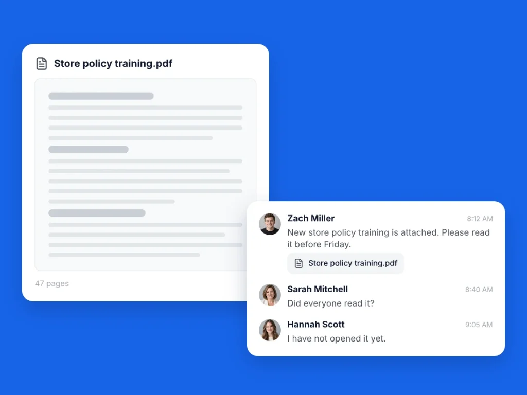 Store policy training PDF shared in a group chat where nobody can say who has read it