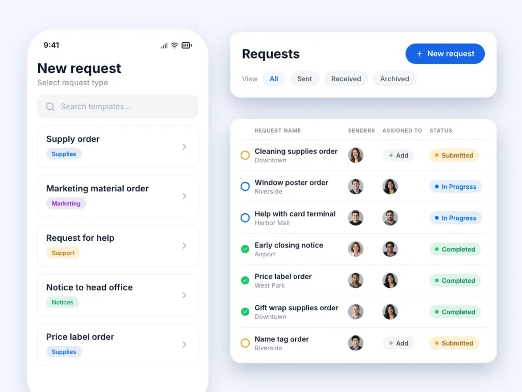 Phone with the New request screen listing request types next to the Requests list with senders, assignees and statuses