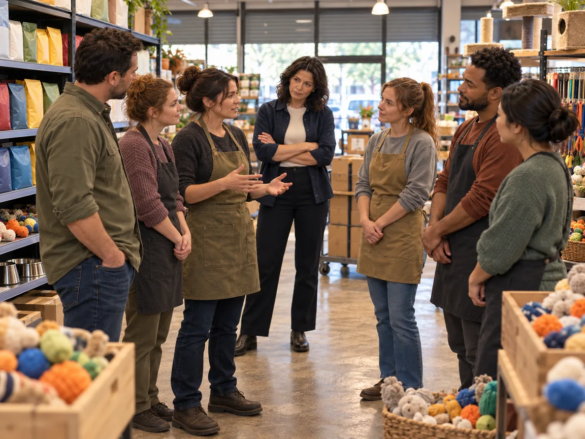 Store manager leading a team briefing while an area manager listens at the back