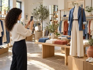Store manager photographing a mannequin display in a sunlit fashion boutique