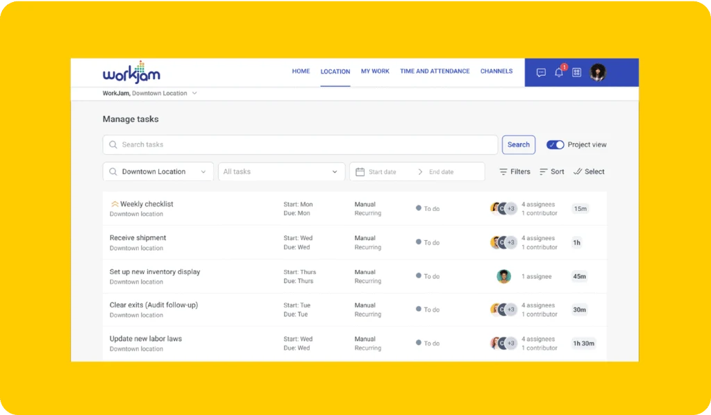 WorkJam task management screen showing recurring store assignments, statuses, assignees, and estimated durations