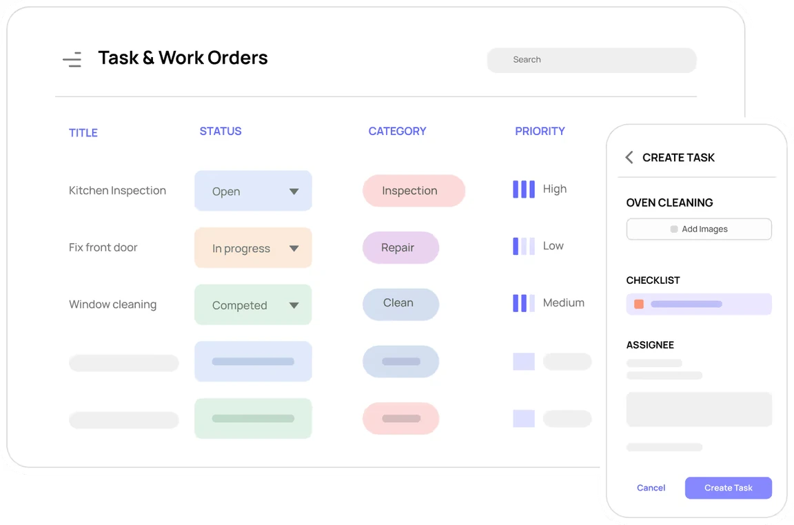 Xenia task and work-order visual showing kitchen inspection, repair, and cleaning assignments beside a mobile task form