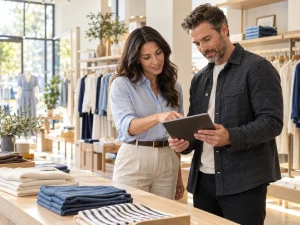 Two retail managers reviewing a tablet beside a clothing display in a bright store