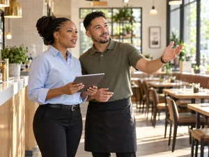 Restaurant manager holding a tablet while a shift leader points toward the dining area